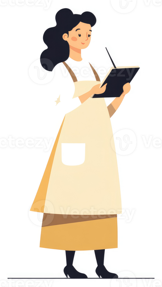 A woman in an apron, reviewing notes. png