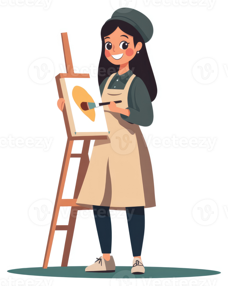 A young woman with a smile paints a canvas on an easel. png