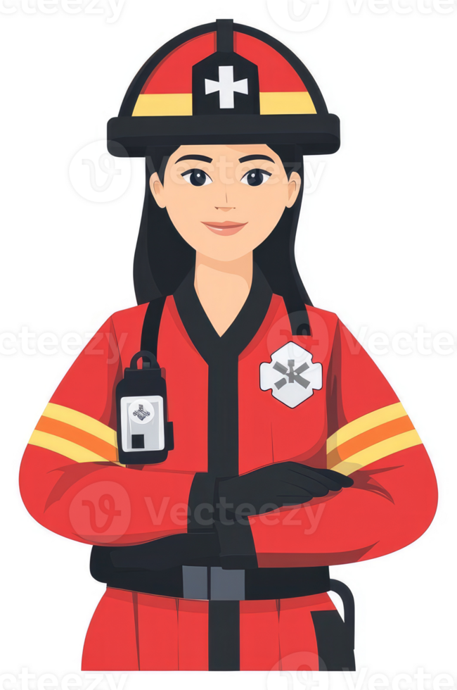 A female paramedic in a red uniform, ready for action. png