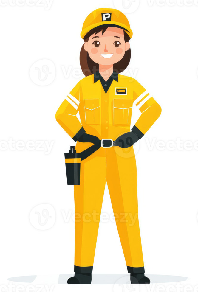A friendly female worker in a bright yellow uniform. png