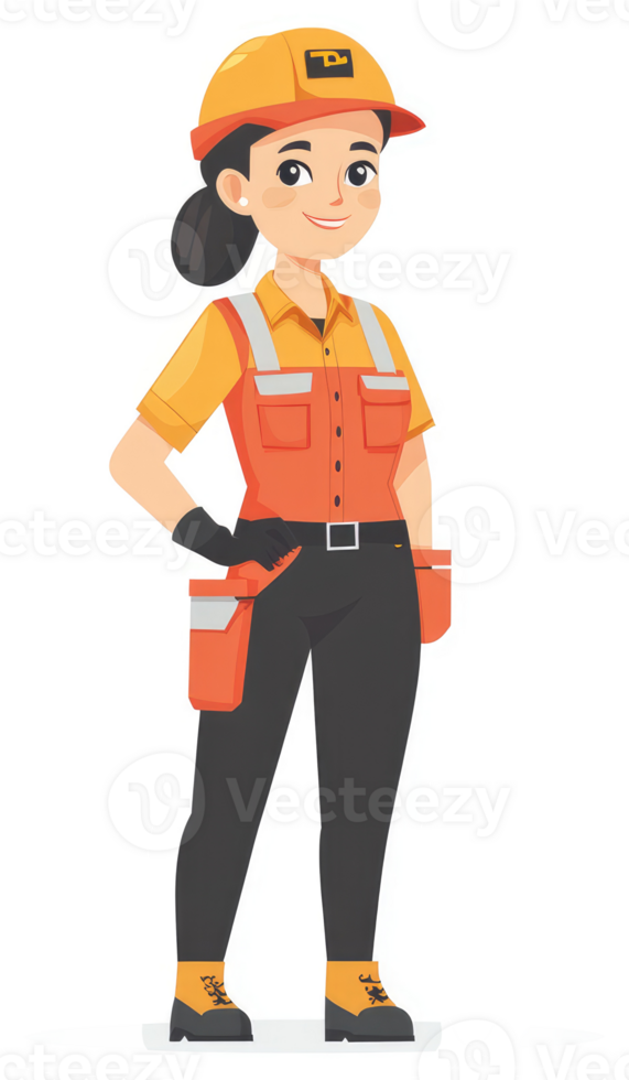 A confident female worker in vibrant orange and black safety gear. png
