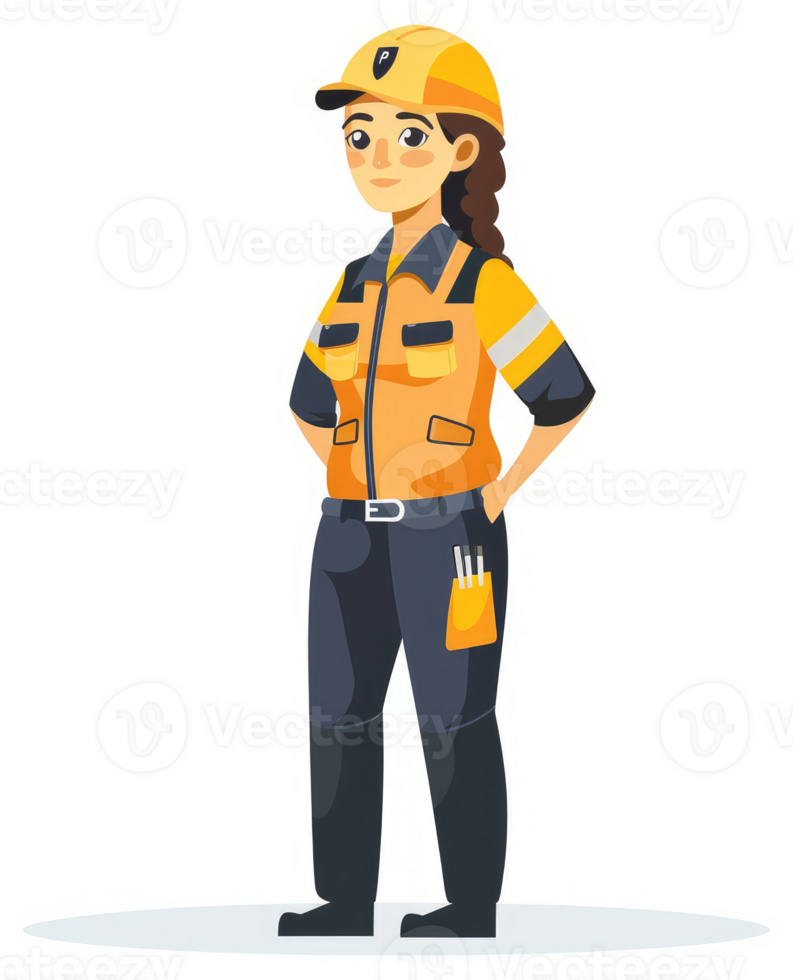 A female construction worker in safety gear, ready for action. png