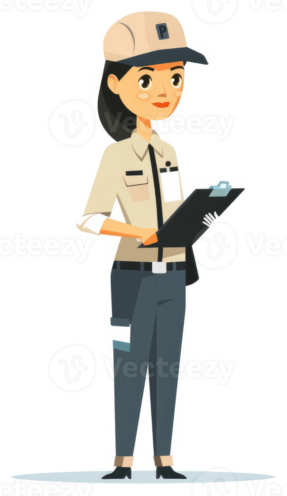 A woman in a beige uniform holding a clipboard, likely a parking attendant. png