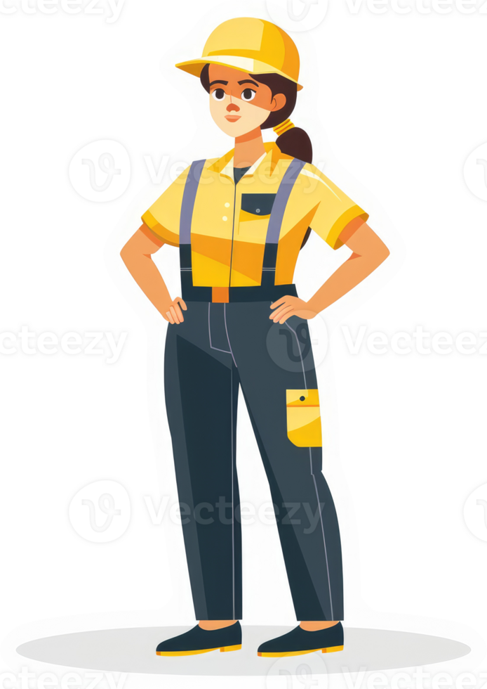 A female worker in safety uniform stands confidently. png