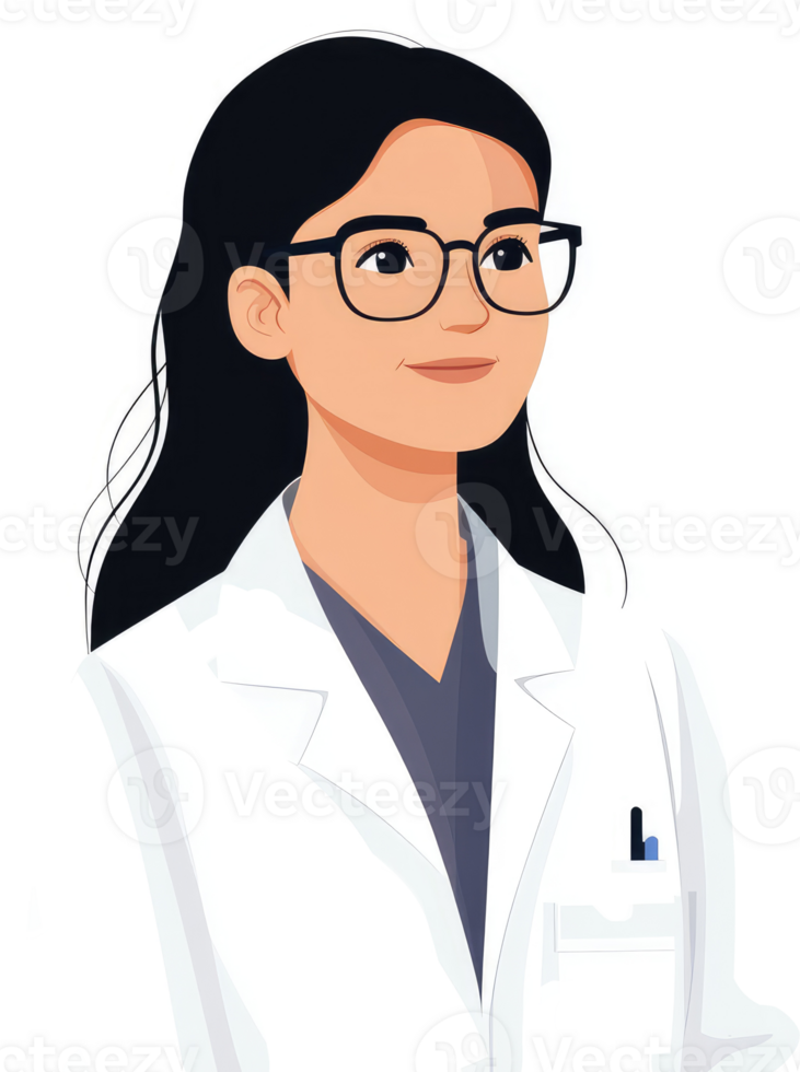 A confident female doctor in a white lab coat, looking forward. png