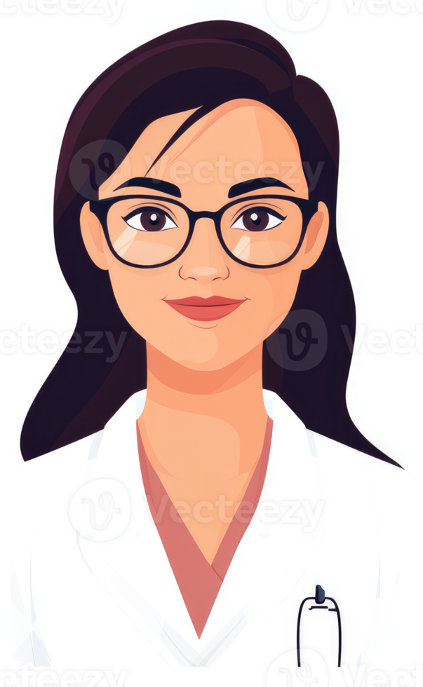 A friendly female doctor wearing glasses and a white coat. png