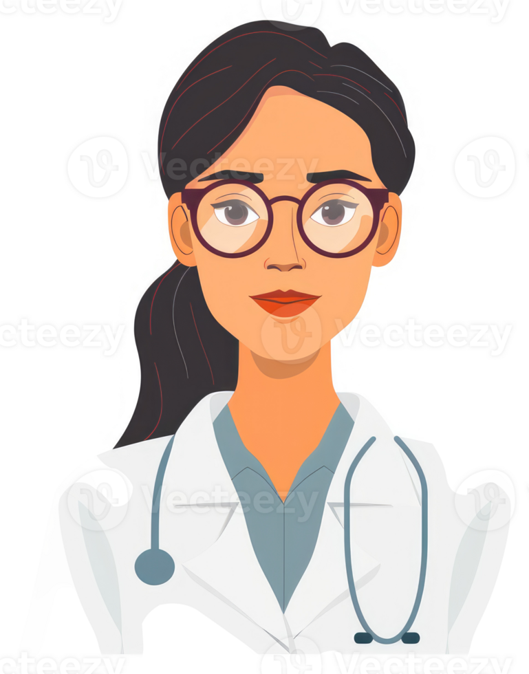 A female doctor in a white coat, wearing glasses and a stethoscope. png