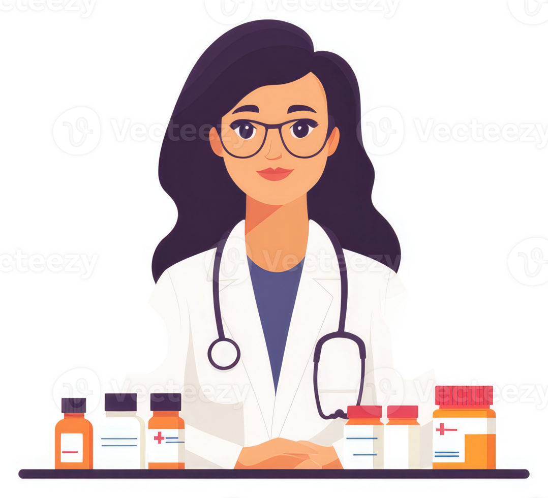 A female doctor in a white coat with a stethoscope, surrounded by medication bottles. png