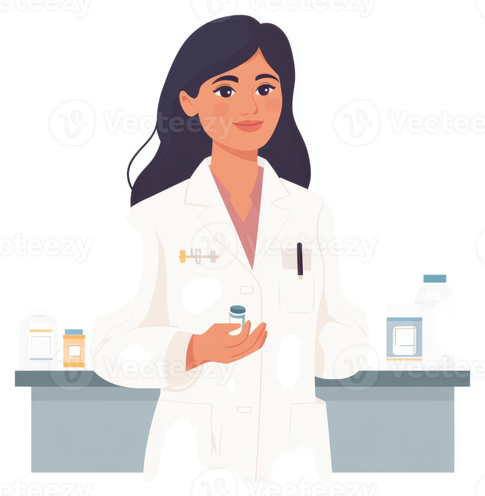 A female doctor holds a medication container in a pharmacy setting. png