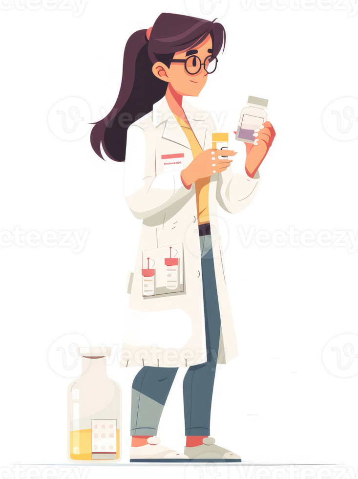 A female scientist examines various pharmaceutical samples. png