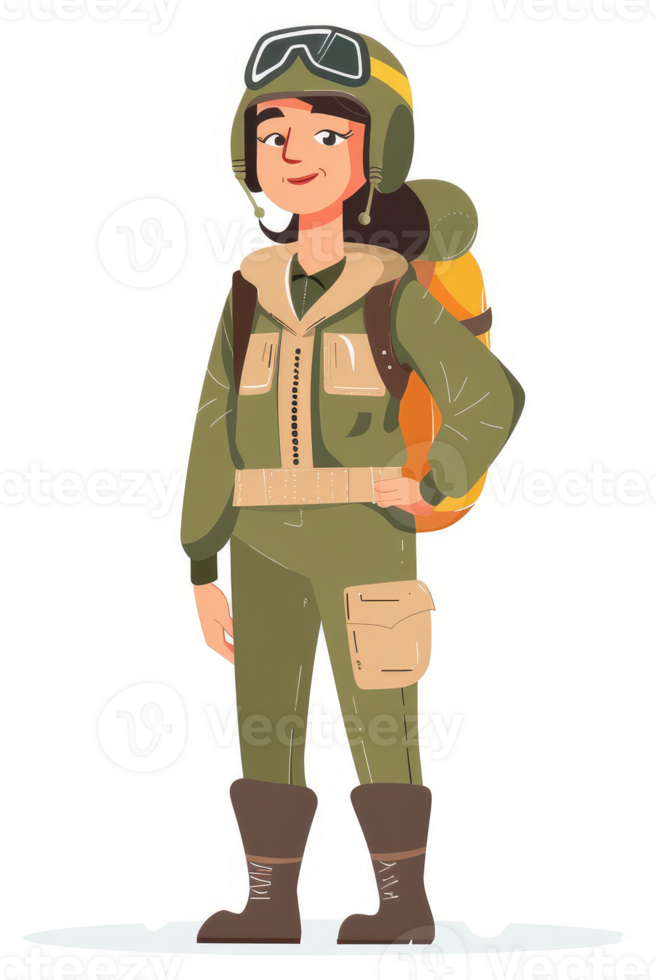 A female explorer in a khaki outdoor outfit. png