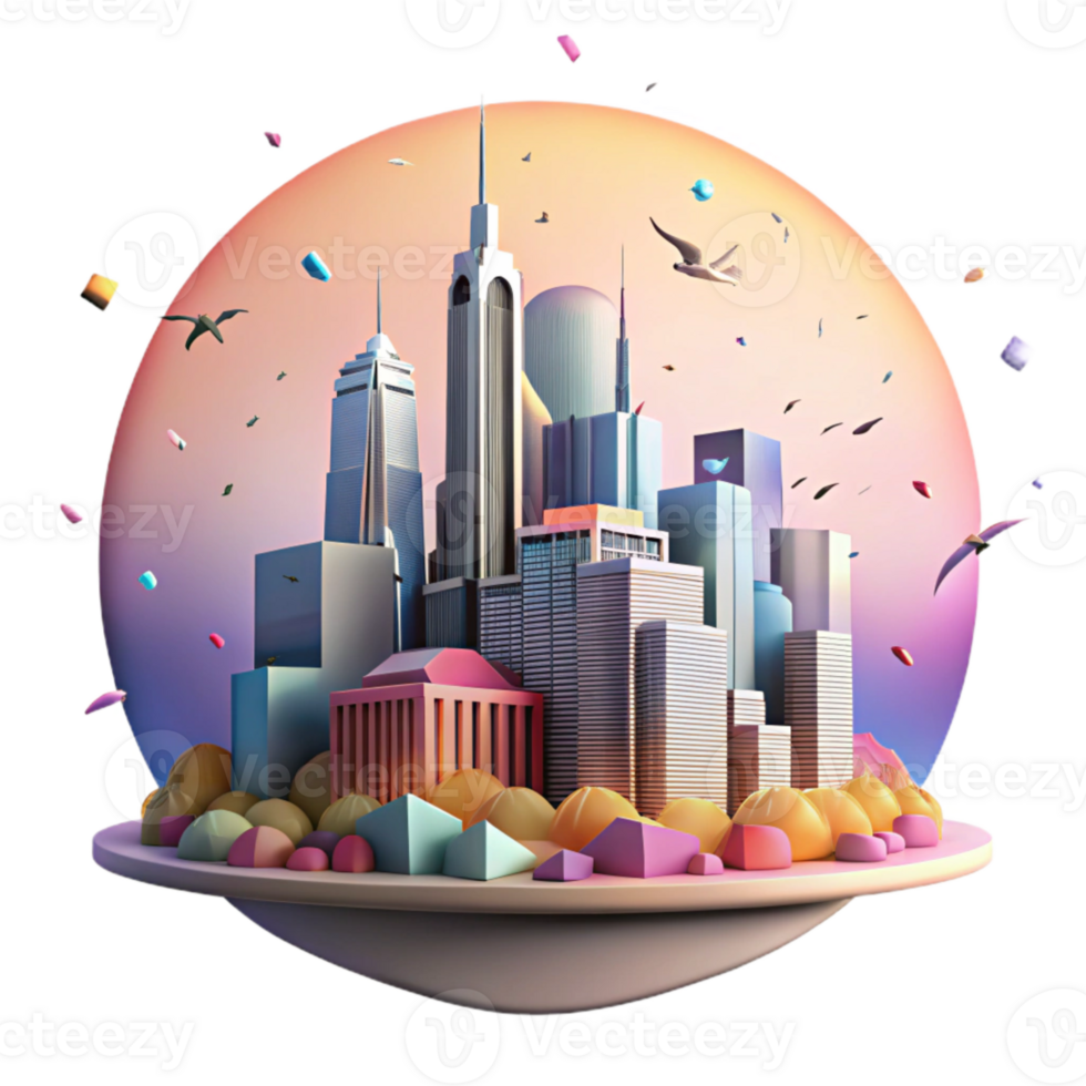 magnificent modern City Skyline with Bird Silhouette Cutout Sunset Colors premium png