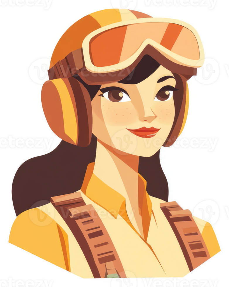 A stylized illustration of a female aviator character in a warm-toned outfit. png