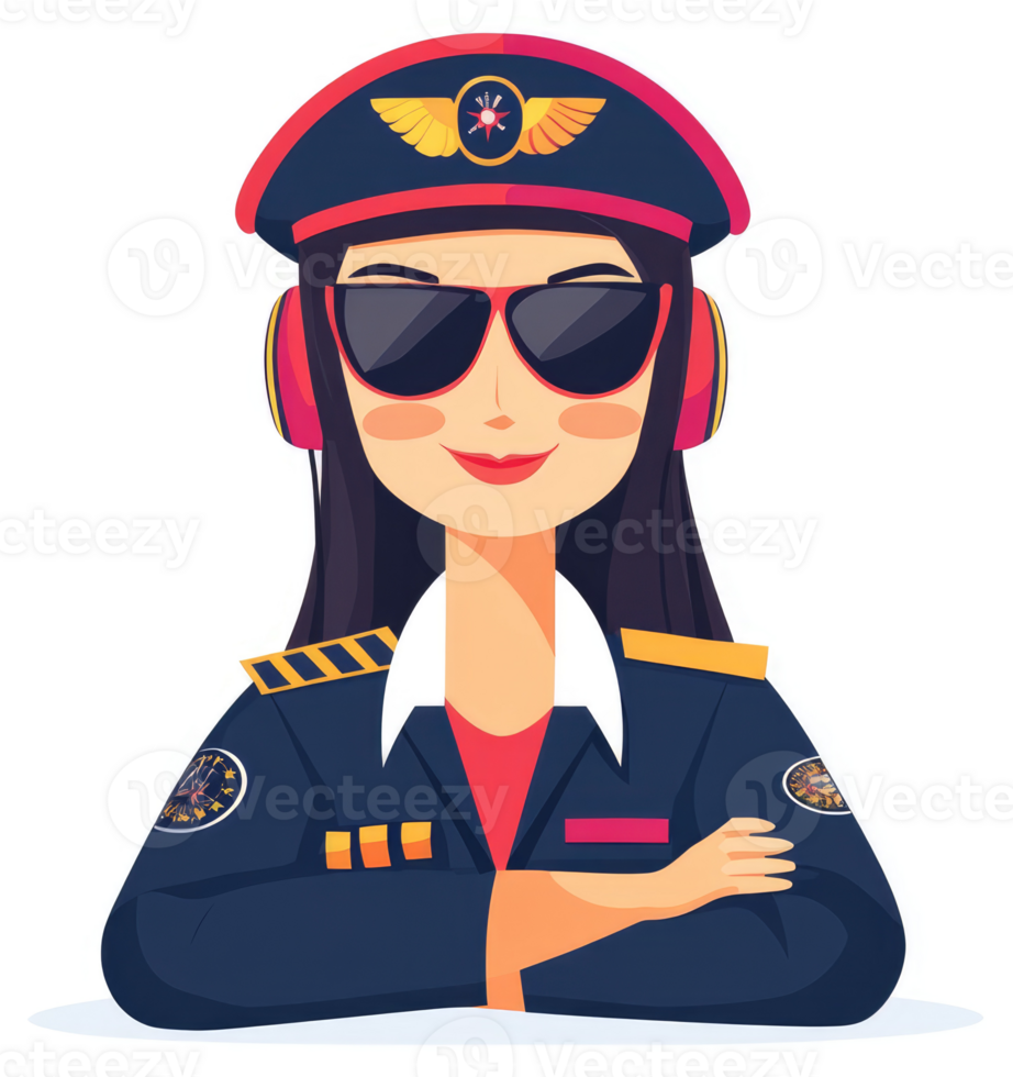 A confident female pilot in a navy uniform with aviator sunglasses and headphones. png
