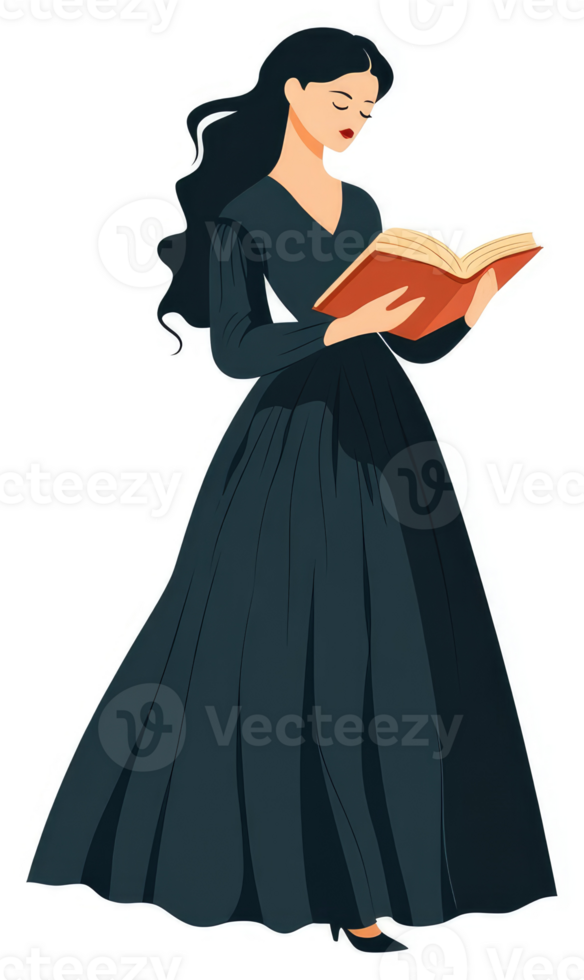 A woman in a long, dark gown engrossed in reading a book. png
