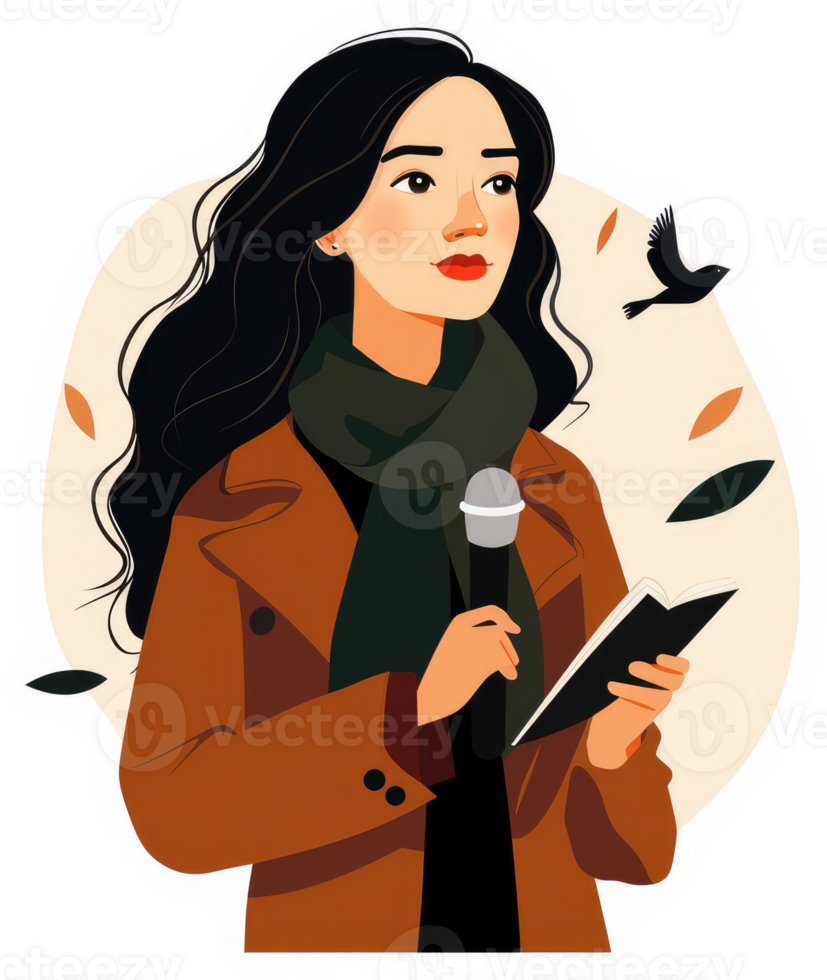 A woman speaking with a microphone and holding a notebook. png