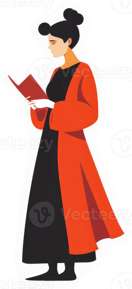 A woman in profile, engrossed in reading a book. png