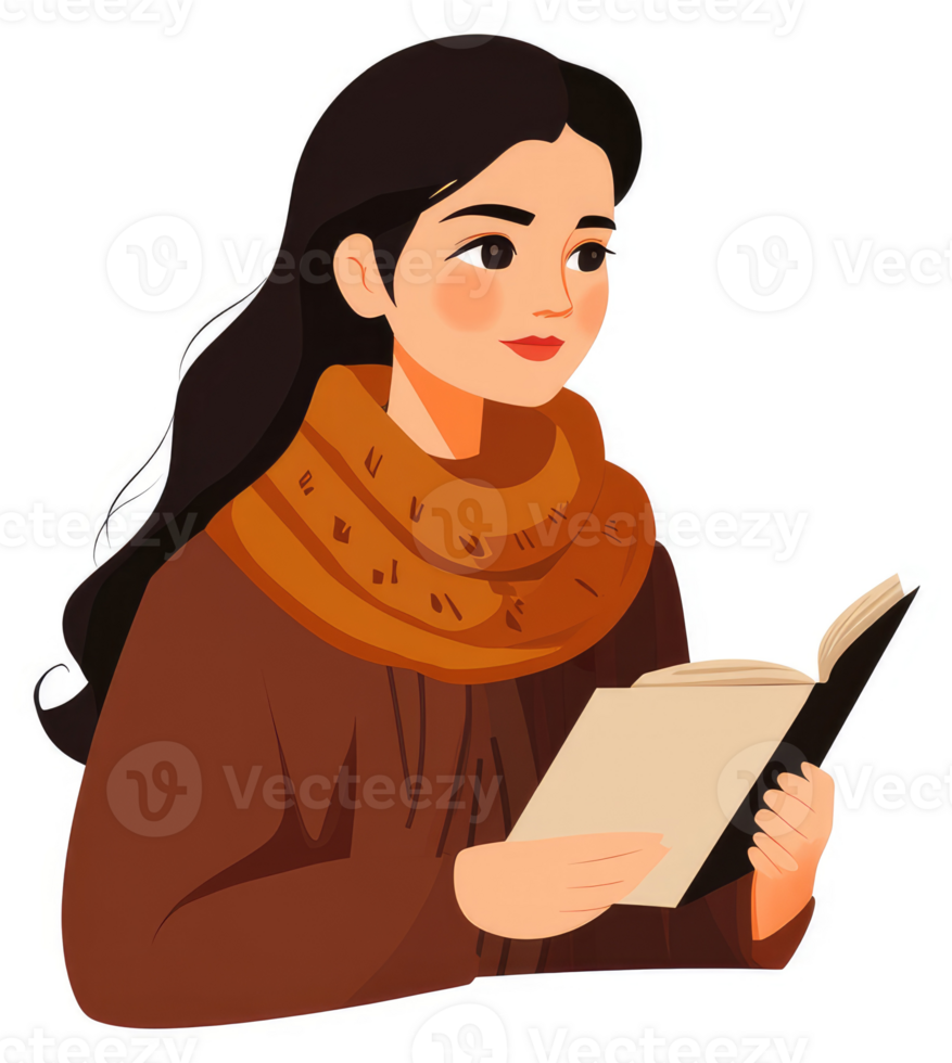 A young woman engrossed in a book, clad in a warm autumnal scarf. png