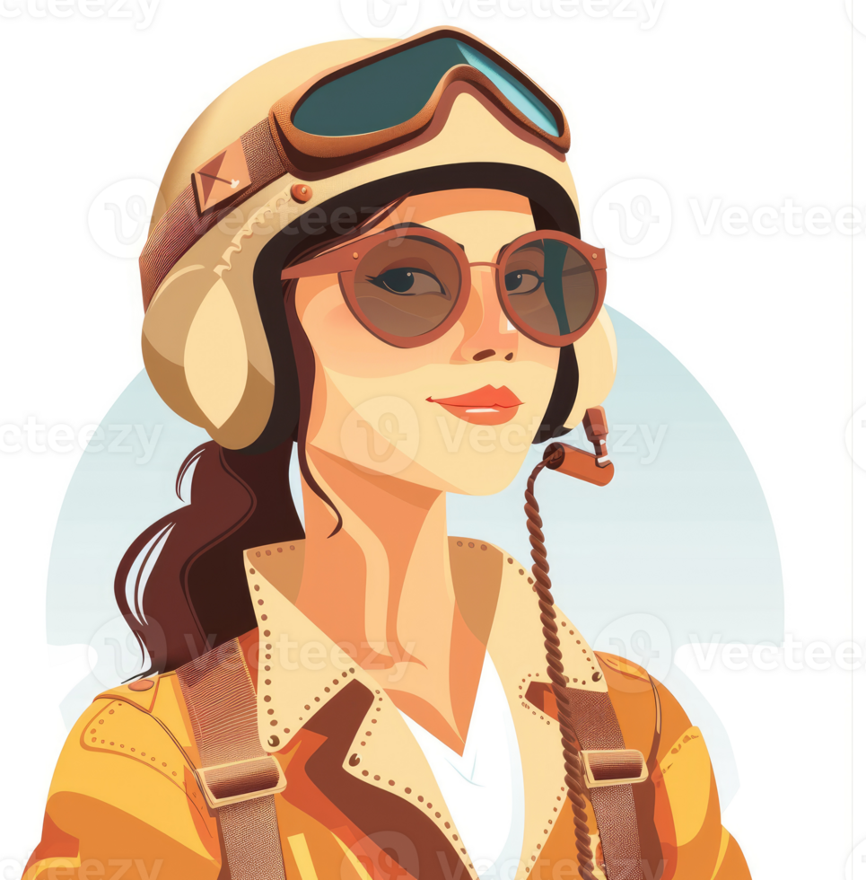 A stylish female aviator in a vintage pilot uniform. png