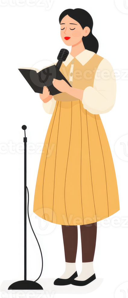 A woman reading from a book and speaking into a microphone. png