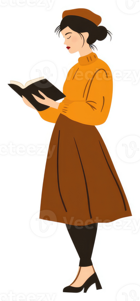 A woman engrossed in reading a book, dressed in an orange sweater and brown skirt. png