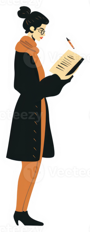 A woman in a black coat engrossed in reading. png