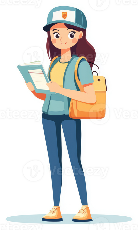 A friendly student with a backpack and book, ready for class. png
