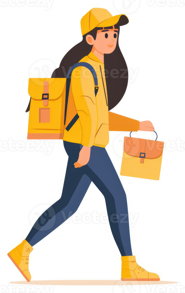 A young person wearing a yellow jacket and carrying a backpack and satchel walks. png