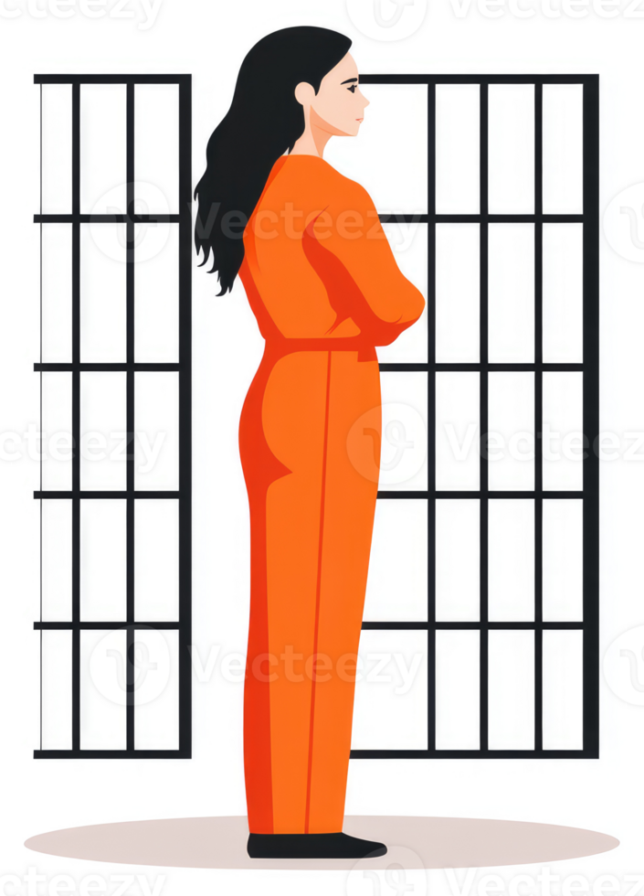 A woman in an orange jumpsuit standing behind prison bars. png