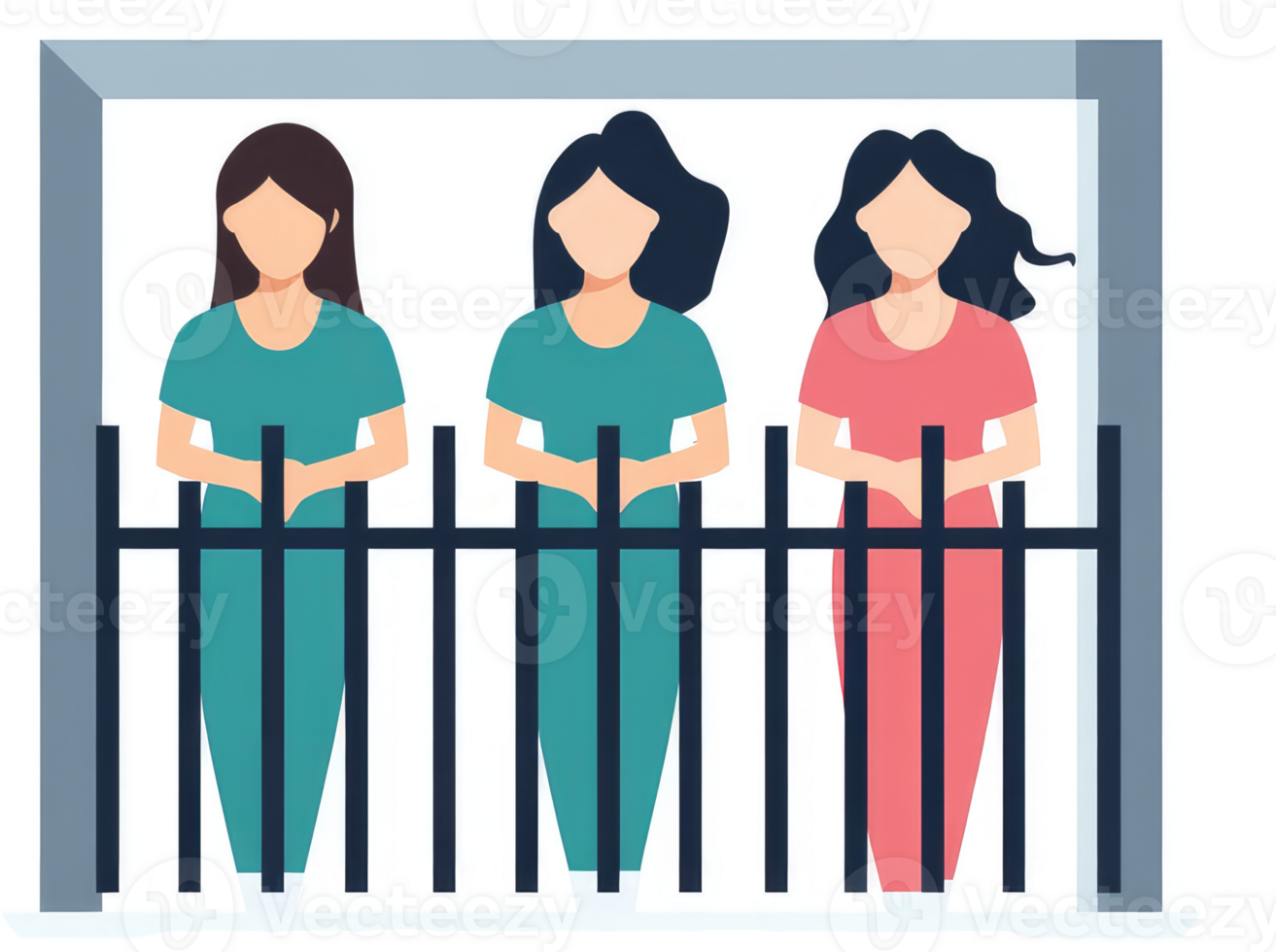 Three women standing behind a fence in medical attire. png