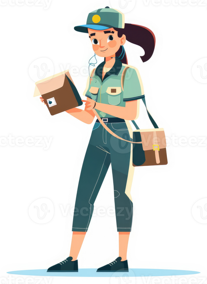 A friendly delivery person holding a package and ready to deliver. png