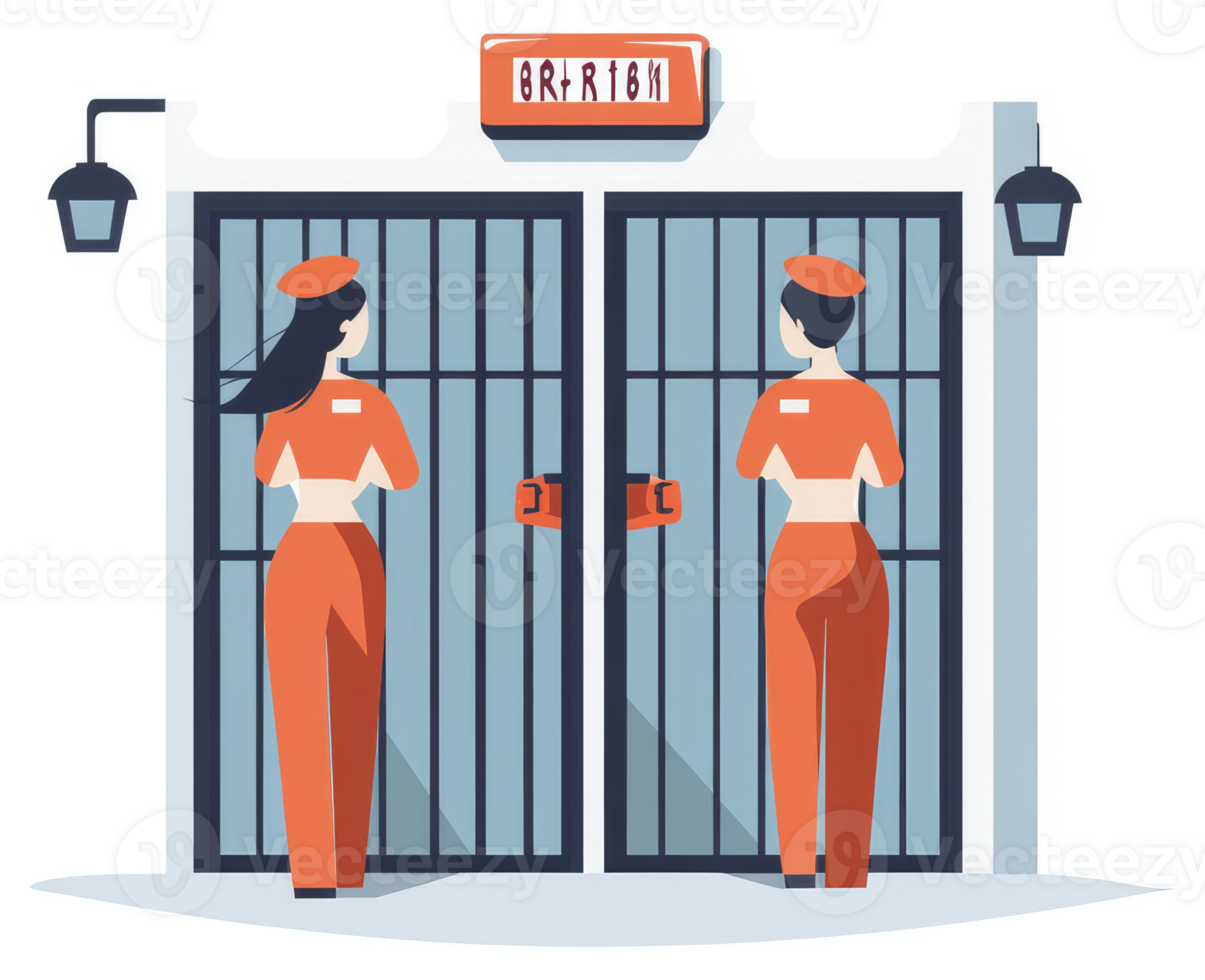 Two correctional officers stand guard at a prison gate. png