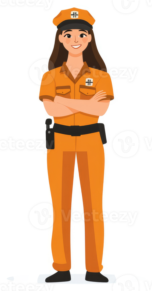 A female officer in an orange uniform with arms crossed. png