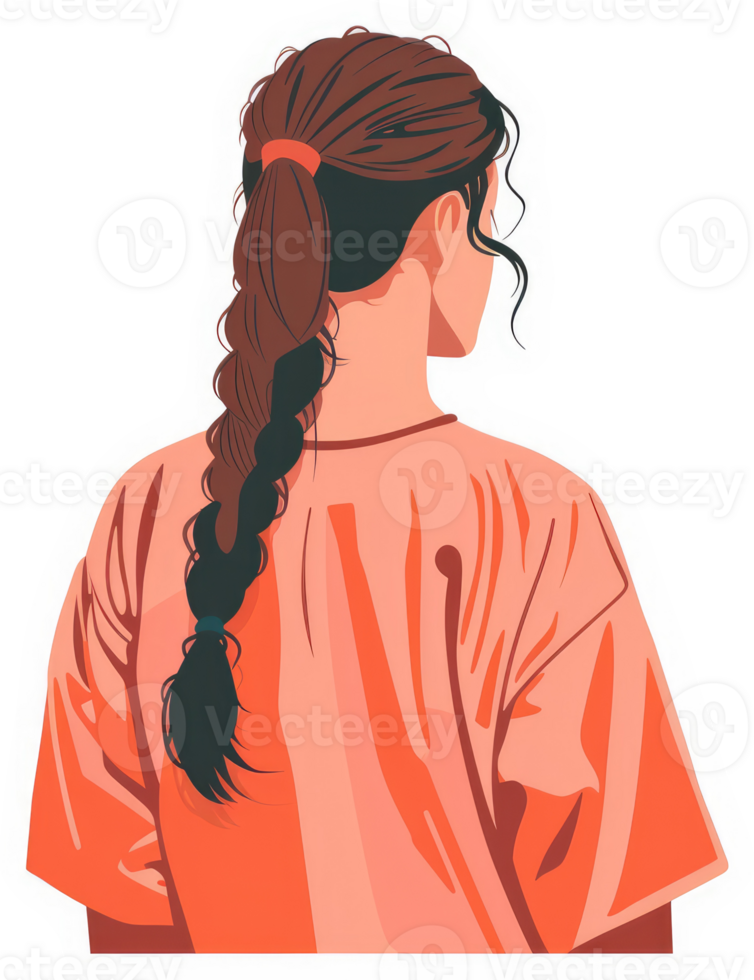 A stylized illustration of a girl with a braided ponytail and a peach-colored t-shirt. png