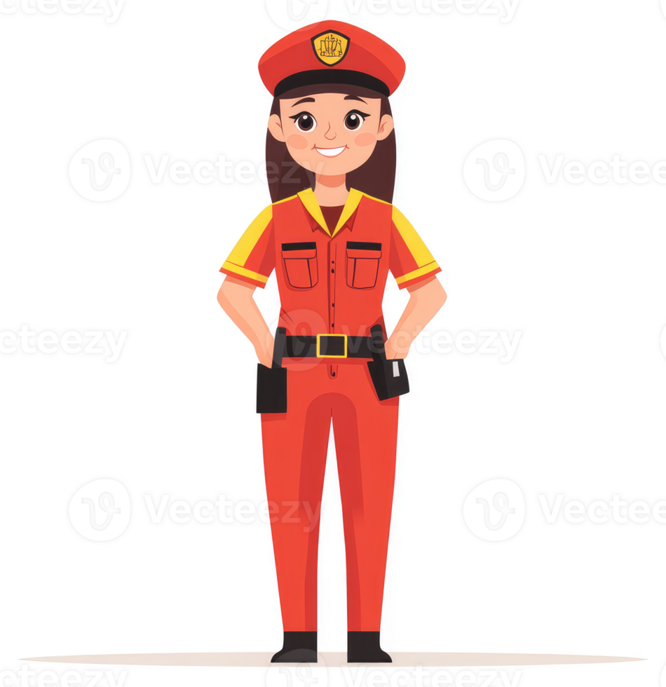 A cheerful female security guard in a vibrant red uniform. png