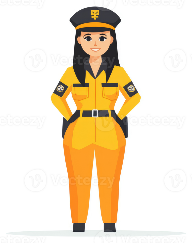 A smiling female security guard in bright yellow uniform. png