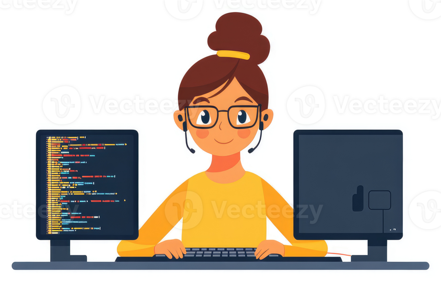A friendly technical support specialist working on multiple computer screens. png