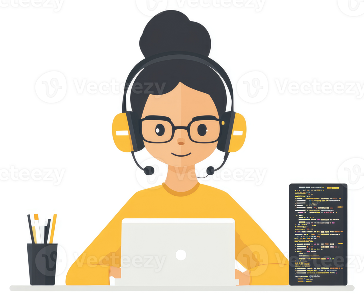 A young woman wearing headphones and glasses, working on a laptop, displaying code. png