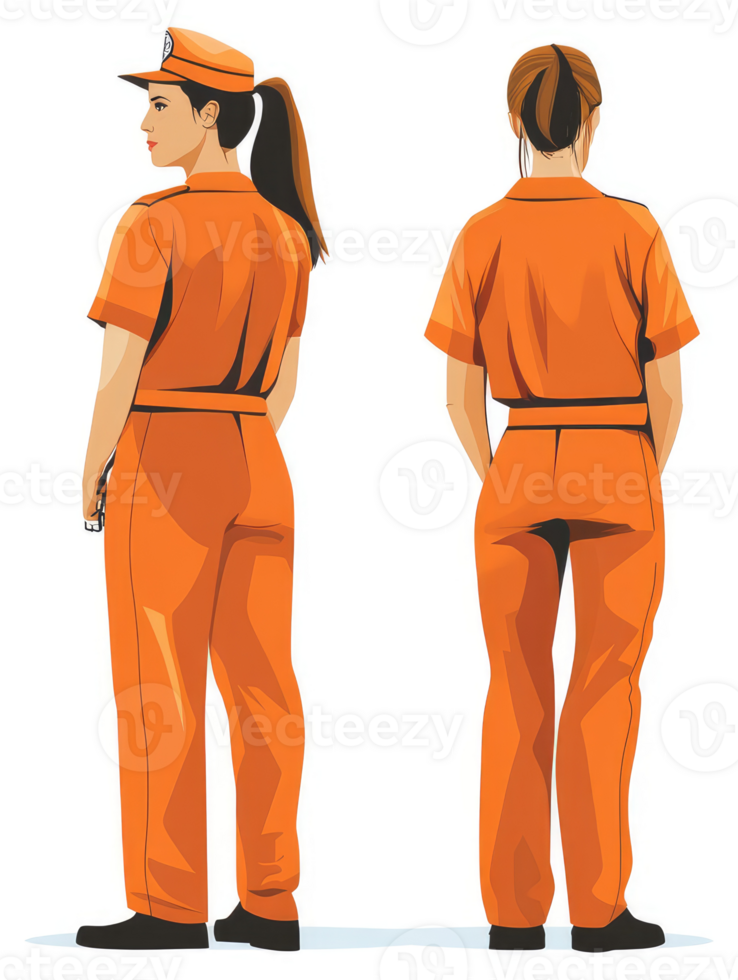 Two women in orange uniform, likely correctional or custodial. png