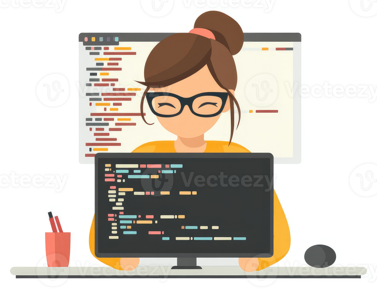 A female programmer focused on coding on a computer screen. png