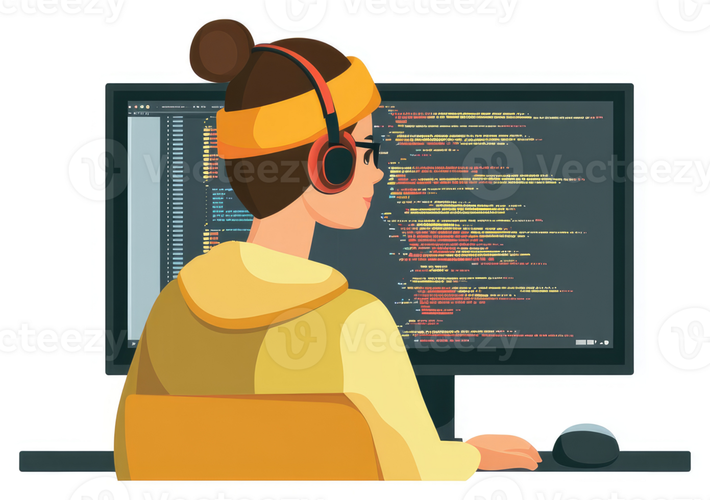 A young woman intently focusing on coding on a computer monitor. png