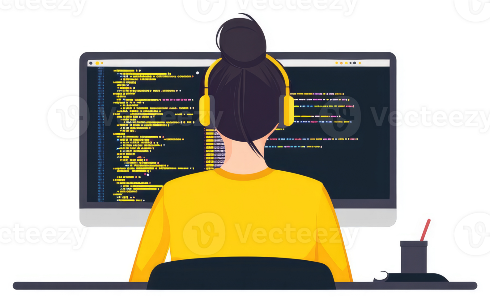 A programmer working on a computer with code displayed on the screen. png