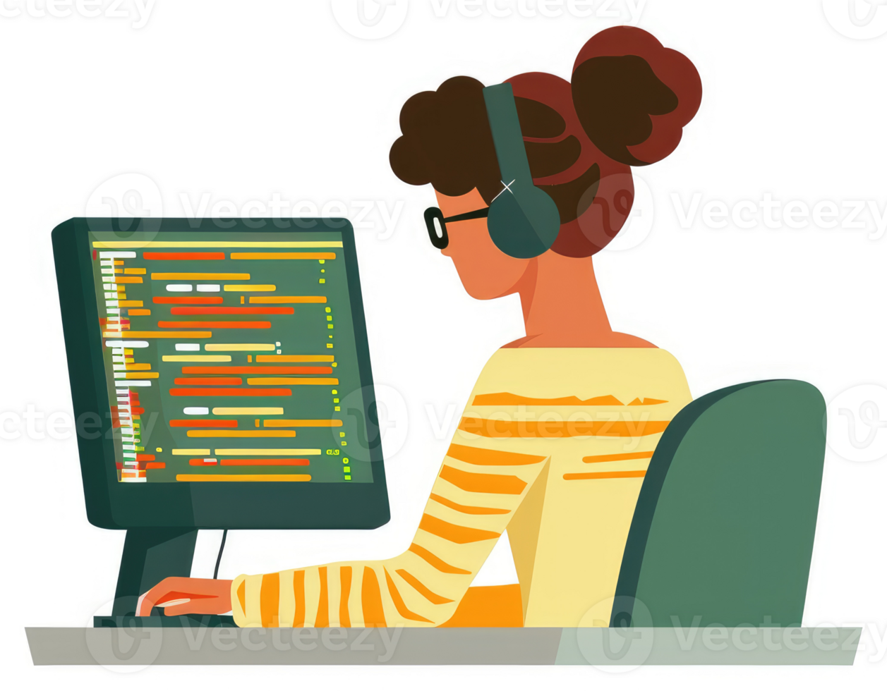 A woman working on a computer coding. png