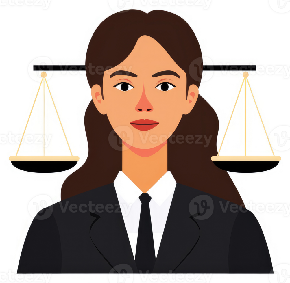 A female lawyer with scales of justice, symbolizing fairness and law. png