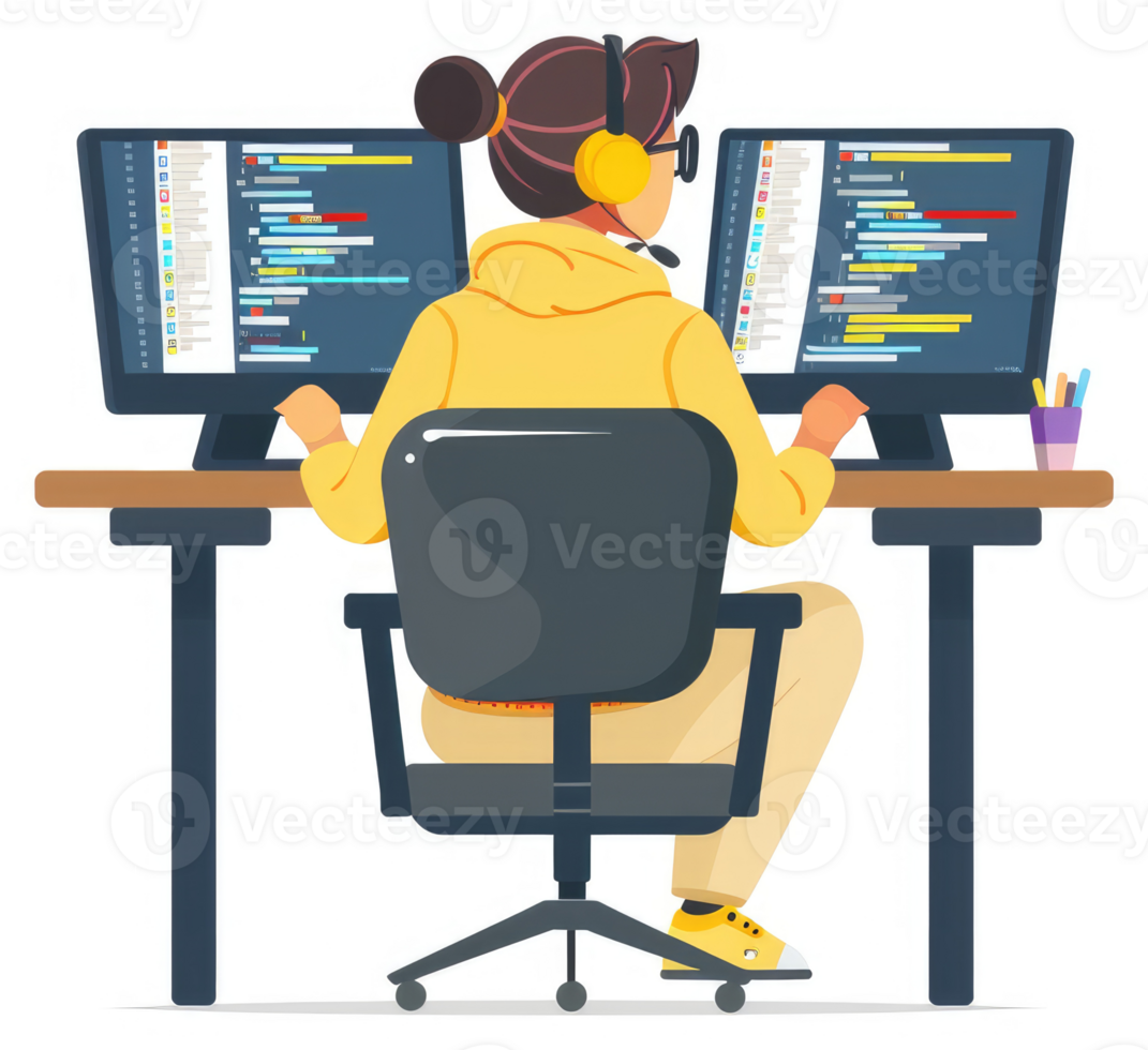 A female programmer works diligently on two computer screens. png