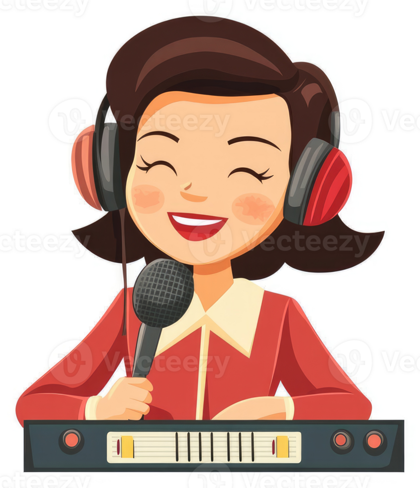 Cartoon female radio announcer holding a microphone. png