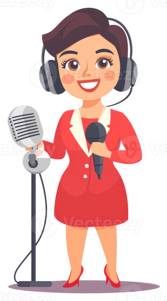 A cheerful female announcer with headphones and a microphone. png