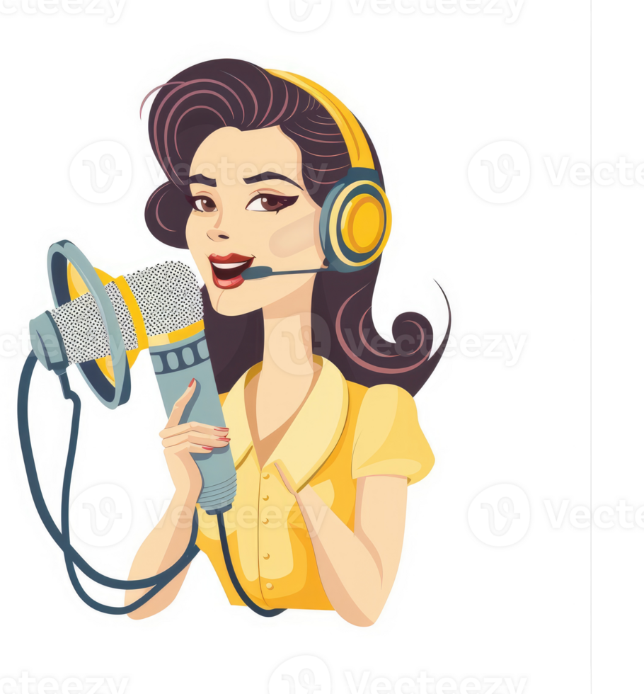 A woman with headphones and a microphone, ready to speak. png