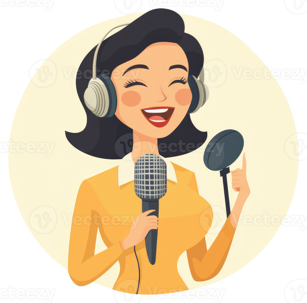 A joyful woman broadcasting with headphones and microphone. png