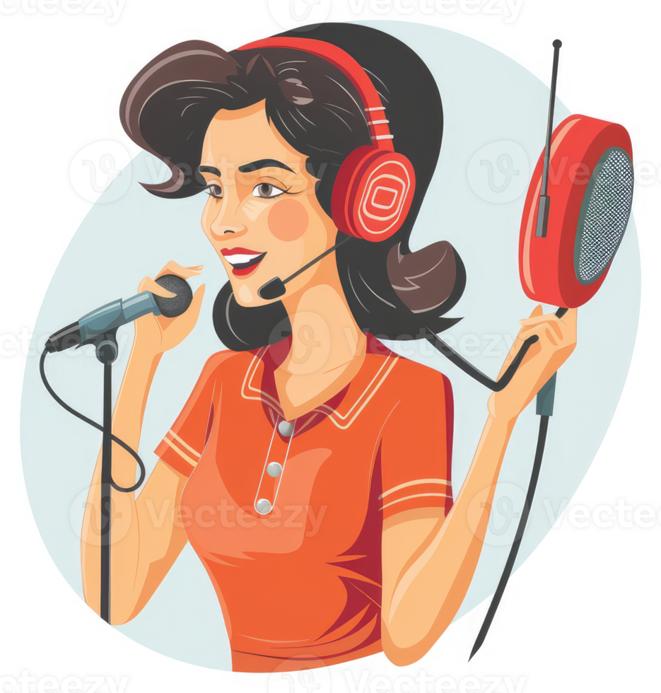 A smiling woman in an orange polo shirt, singing into a microphone, and wearing red headphones. png